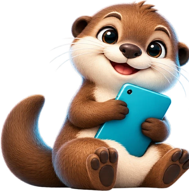 Loutiko, la loutre mascotte, tenant sa tablette turquoise